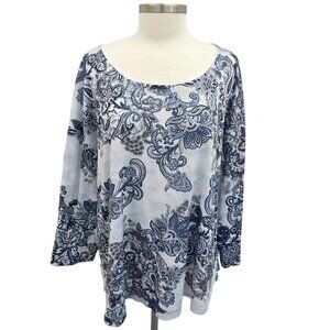 One World Tunic Womens 2X Blue/Gray Paisley Print Embellished‎ Scoop Neck Boho